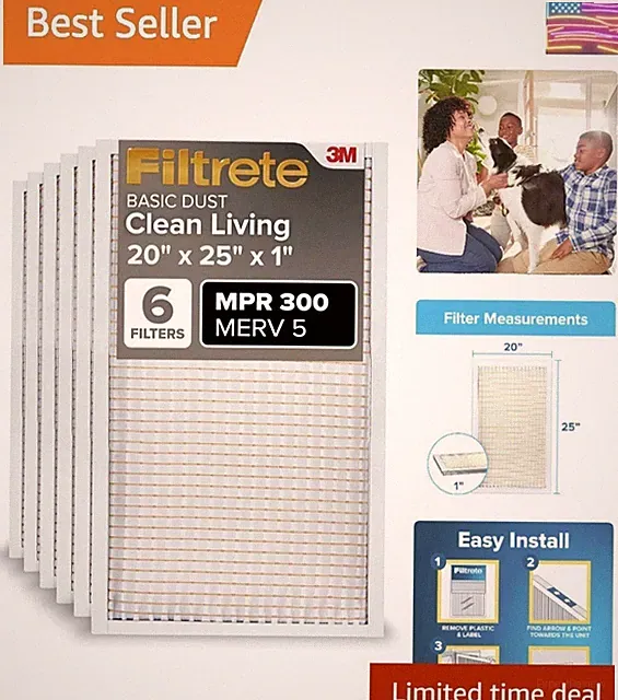 20x25x1 Air Filter MERV 5, 6-Pack AC Furnace HVAC Filters for Home, MPR 300 B...