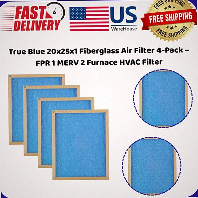 True Blue 20x25x1 Fiberglass Air Filter 4-Pack –FPR 1 MERV 2 Furnace HVAC Filter